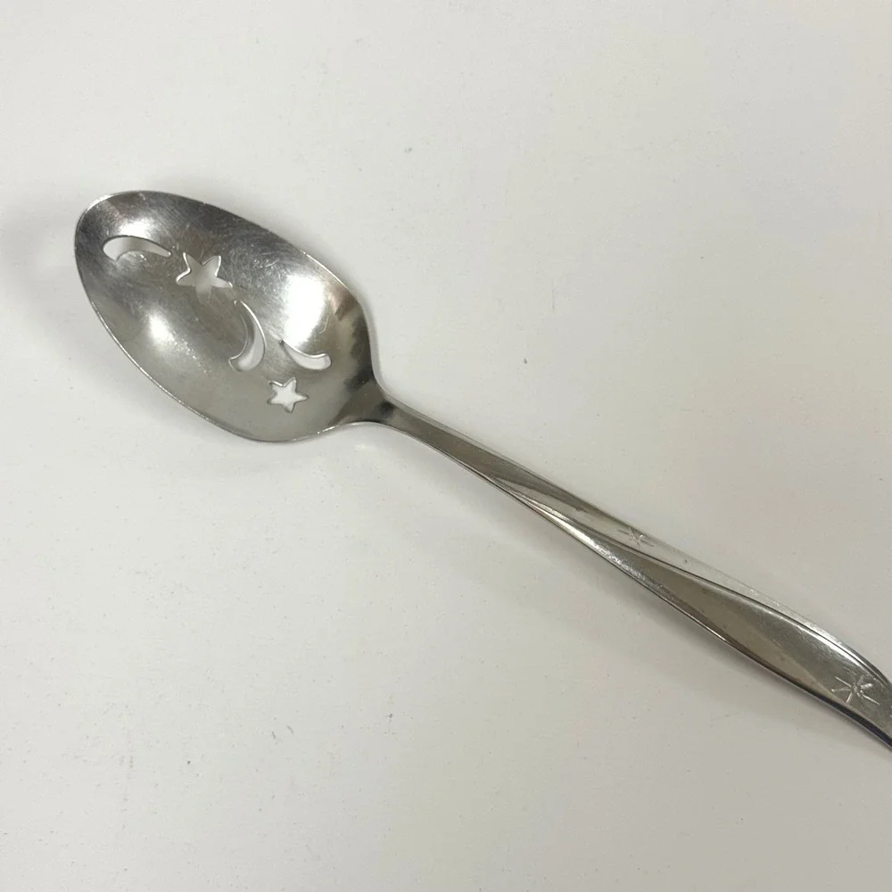 Oneida Twin Star Stainless Pierced Serving Spoon Star Moon Cutouts MCM Celestial